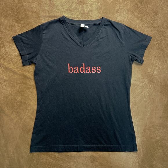 Live and Tell Badass Slogan T-Shirt Black V Neck Short Sleeve Women's M Punk Y2K - Picture 1 of 8